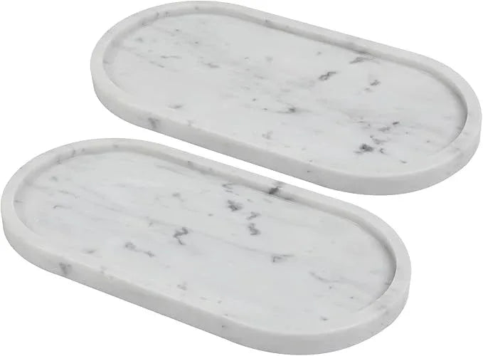 Faticdorr Carrara White Marble Tray, 2 Pcs, Marble Vcnity Tray, Bathroom, Decor for Trinket Perfume Jewelry Candle, 12 Inch Oval - ModernBath
