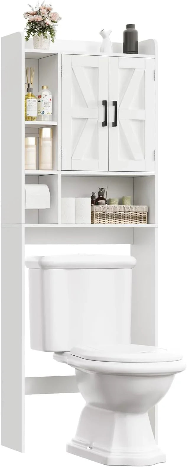 TEENFON Over The Toilet Storage Cabinet with 4 Open Shelves and Adjustable Shelf, Extra Tall Bathroom Organizer Unit with 2 Barn Doors, Home Space Saver for Bathroom, Laundry Room, White - ModernBath