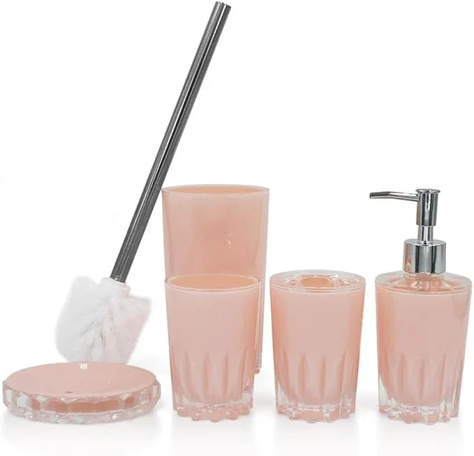 Liuonnam Bathroom Accessories Set 5-Piece Plastic Gift Set with Toilet Brush Holder, Toothbrush Holder, Toothbrush Cup, Soap Dispenser, Soap Dish(Pink) - ModernBath