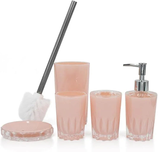 Liuonnam Bathroom Accessories Set 5-Piece Plastic Gift Set with Toilet Brush Holder, Toothbrush Holder, Toothbrush Cup, Soap Dispenser, Soap Dish(Pink) - ModernBath