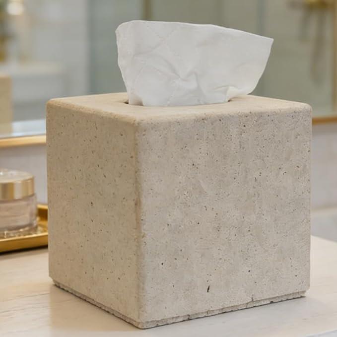 Travertine Tissue Box Cover, Vintage Style Napkin Holder, Square Tissue Box with Acrylic Board Bottom, Natural Heaty Duty Stone Toilet Paper Holder for Bathroom, Bedroom, Living Room - ModernBath