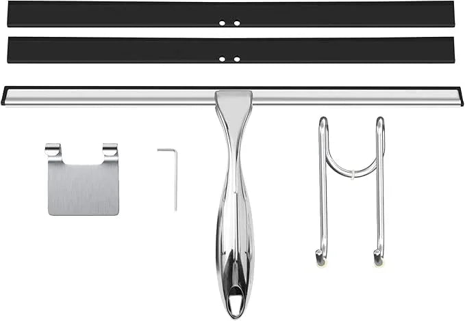 TOOVEM 14 Inch Shower Squeegee for Glass Doors, Window, Bathroom, Car Windshield, Shower Cleaning Tools with S Hook, Square Sticky Hook (Silver) - ModernBath