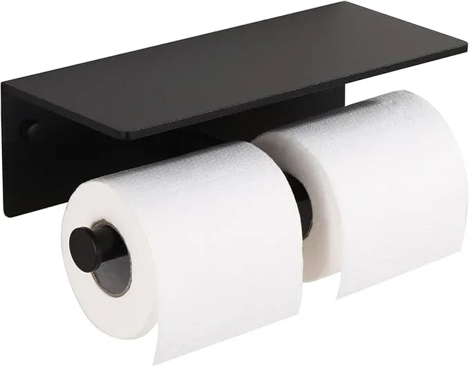 Toilet Paper Holder - Double Rolls Toilet Tissue Holder with Phone Shelf for Bathroom - TP Roll Holder with Wipes Storage, Wall Mounted by Adhesive Pad No Drilling or Screw - Matte Black - ModernBath