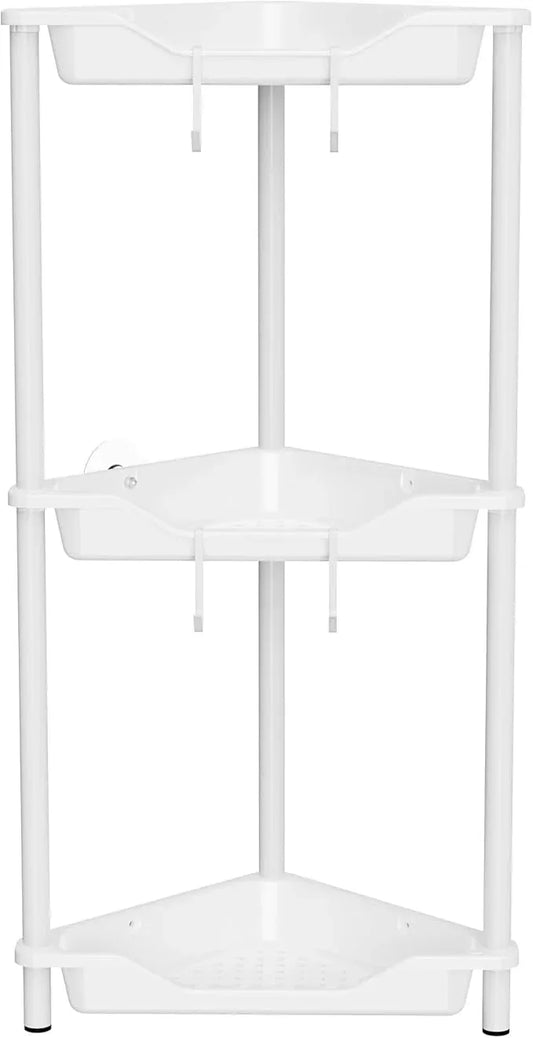 Orimade Rustproof 3 Tier Floor Standing Corner Shower Caddy Organizer, Plastic Metal Splicing Floor Corner Shelf Rack Stands for Bathroom, White - ModernBath