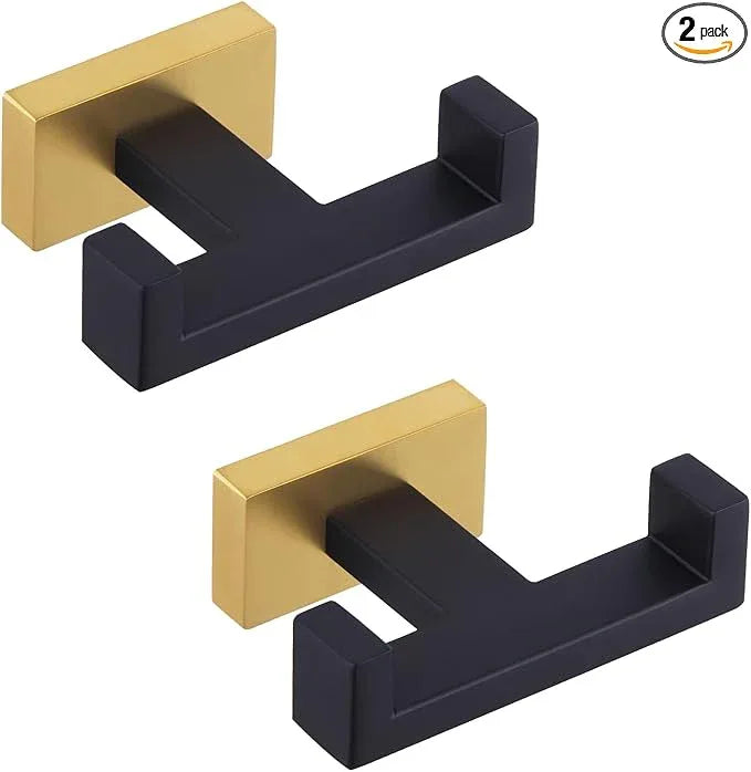APLusee Double Bath Towel Hook 2 Pack, Solid Stainless Steel Square Dual Coat Holder, Modern Bathroom Kitchen Storage Hanger Wall Mounted, Black & Gold - ModernBath