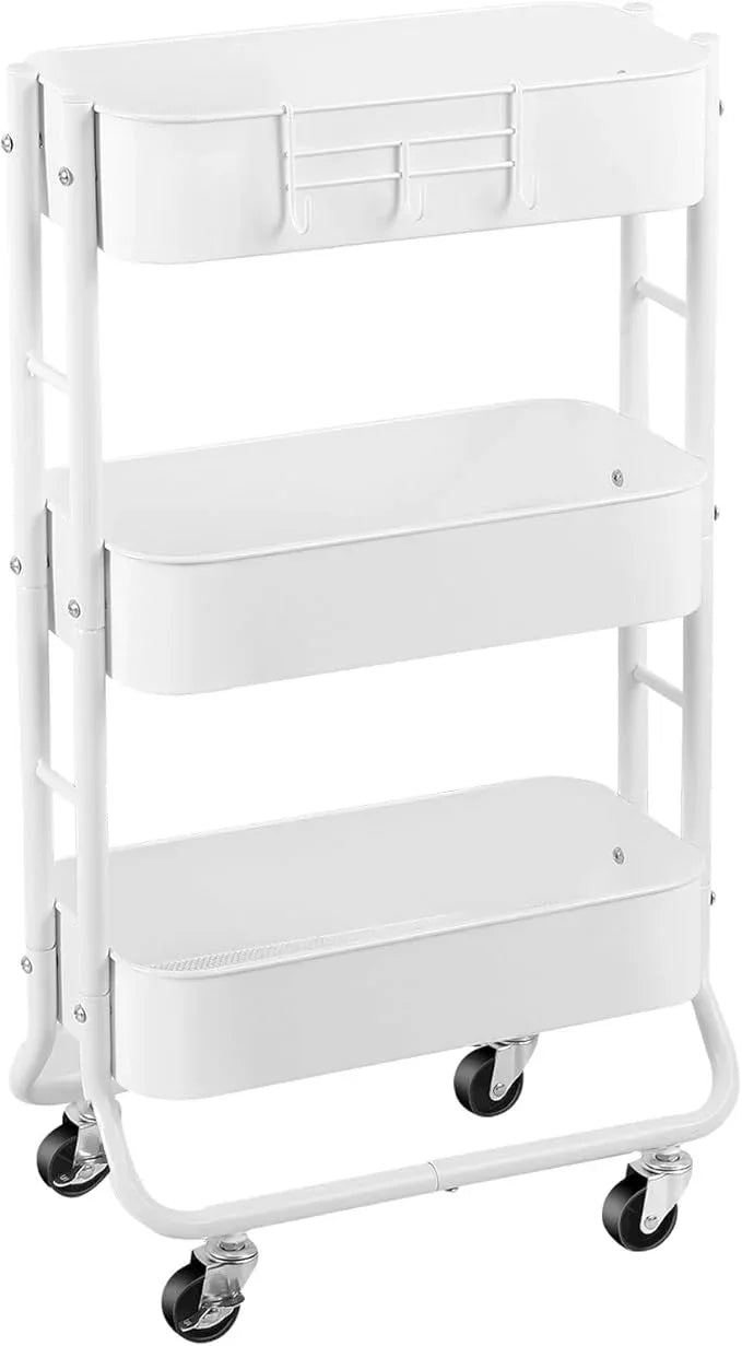 MAX Houser Slim 3-Tier Rolling Utility Cart, Narrow Metal Bathroom Storage Multifunctional Organizer Carts with Wheels with Extra Hook, Laundry Room,Kitchen,Small Space(White) - ModernBath