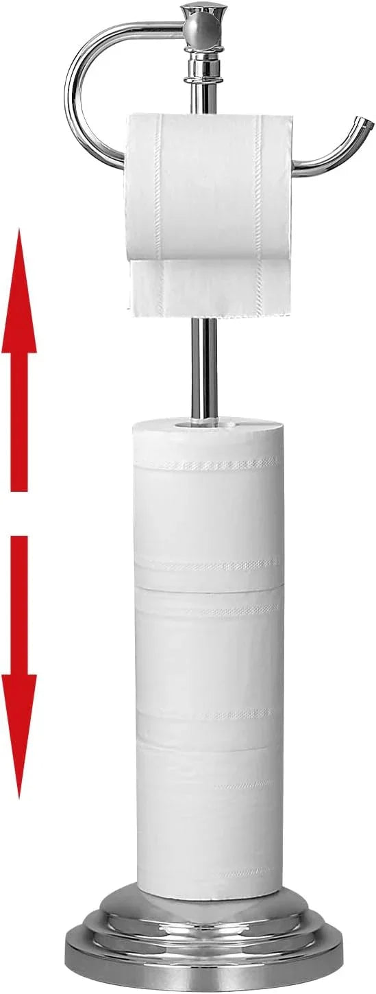 RUMOSE Toilet Paper Holder Stand for Floor, Polished Chrome Adjustable (12.4" to 22.8") Bathroom Toilet Tissue Holder, Free Standing Toilet Paper Roll Holder with Storage, Stainless Steel - ModernBath