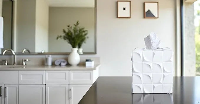 Huitony Square Tissue Box Cover Decorative Kleenex Box Holder for Bathroom & Living Room with Handcrafted Texture (White) - ModernBath