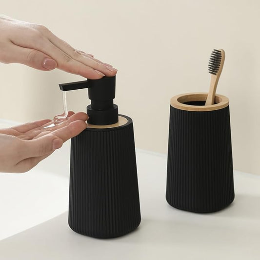 YAUKPH Bathroom Accessories 2 Piece Soap Dispenser and Toothbrush Holder Set Striped with Bamboo Decor Black