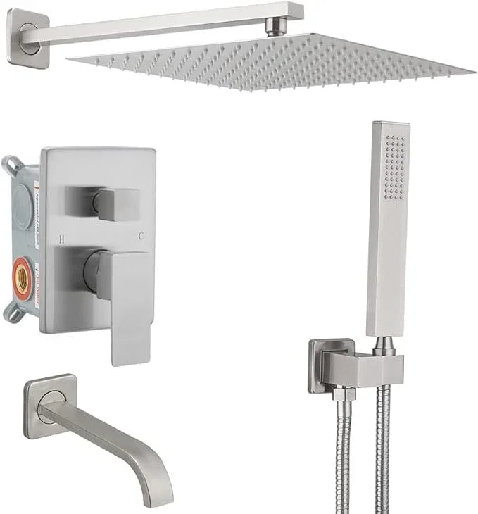 JingGang Brushed Nickel Rain Shower System Tub Shower Faucet Set 12 Inch Square Rainfall Shower Head with Handheld Sprayer and Tub Spout Rough-in Valve Shower Mixer Combo Kit - ModernBath