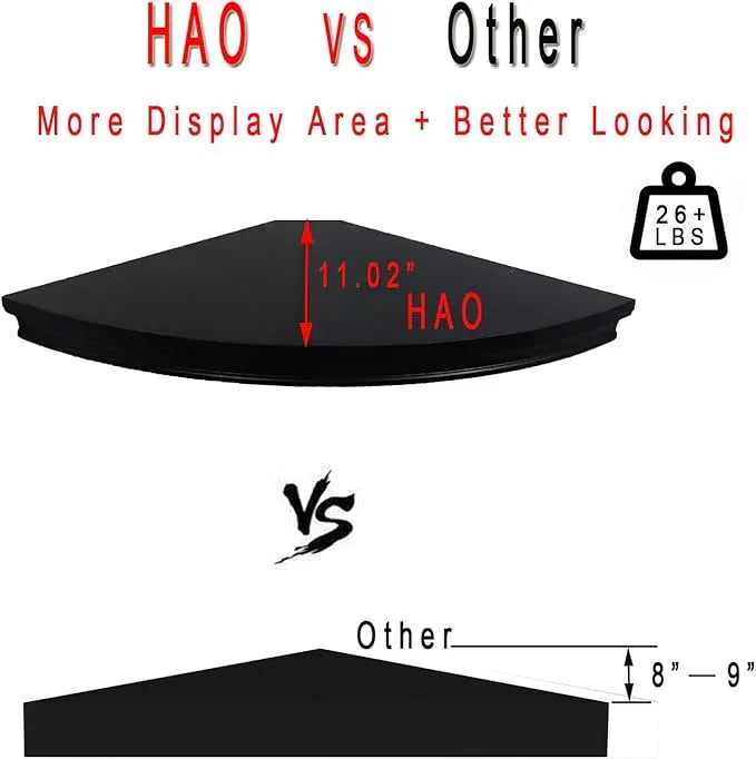 HAO Floating Corner Shelf Invisible Wall Mounted Shelves Radial Shape Cable Wire Hole Pattern Perfect for Bedroom Bathroom Living Room Kitchen Set of 2 Black - ModernBath