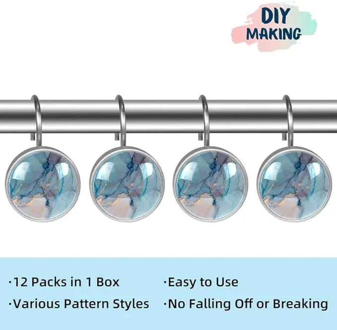 12 Pcs Decorative Shower Curtain Hooks, Rust Proof Glass Surface Stainless Steel Rings for Bathroom Bedroom Kitchen Home Bath Room Rods Decor (Blue Purple Gold Marble) - ModernBath