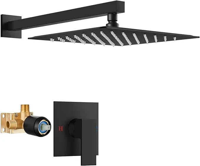 Airuida Shower Faucet Set Bathroom Rain Shower System SUS304 Stainless Steel Single Handle With Male Threads Rough-in Valve Shower Trim Kit 12 Inch Wall Mount Shower Head Matte Black - ModernBath