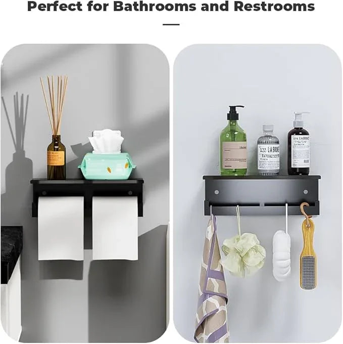 Double Toilet Paper Holder with Shelf, FreshGlow Tissue Holder Matte Black, Wall Mount Commercial Toilet Paper Dispenser Phone Shelf Stainless Steel, Tissue Roll for Bathroom - ModernBath