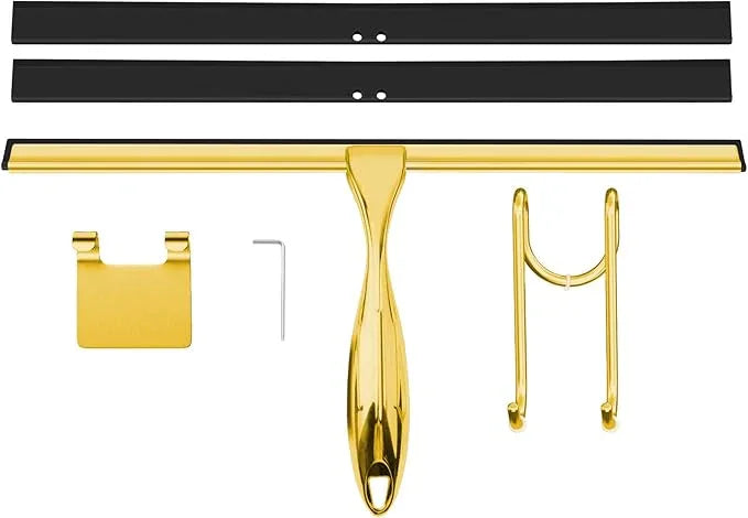 TOOVEM 14 Inch Shower Squeegee for Glass Doors, Window, Bathroom, Car Windshield, Shower Cleaning Tools with S Hook, Square Sticky Hook (Gold) - ModernBath
