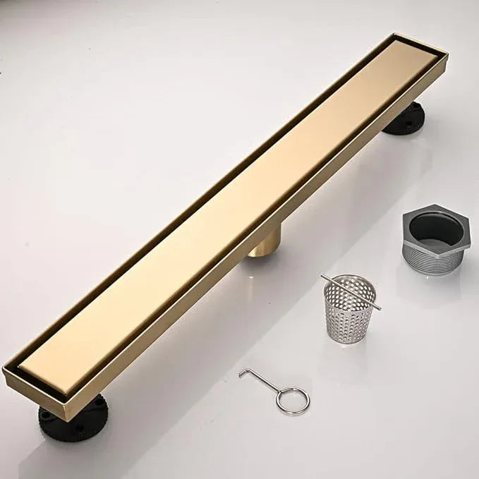 Linear Shower Floor Drain, Brushed Gold 60 Inch 304 Stainless Steel Bathroom Drains Kit, Rectangular Shower Trench Drain with Reversable Tile-in Pattern Drain Cover & Hair Catcher - ModernBath