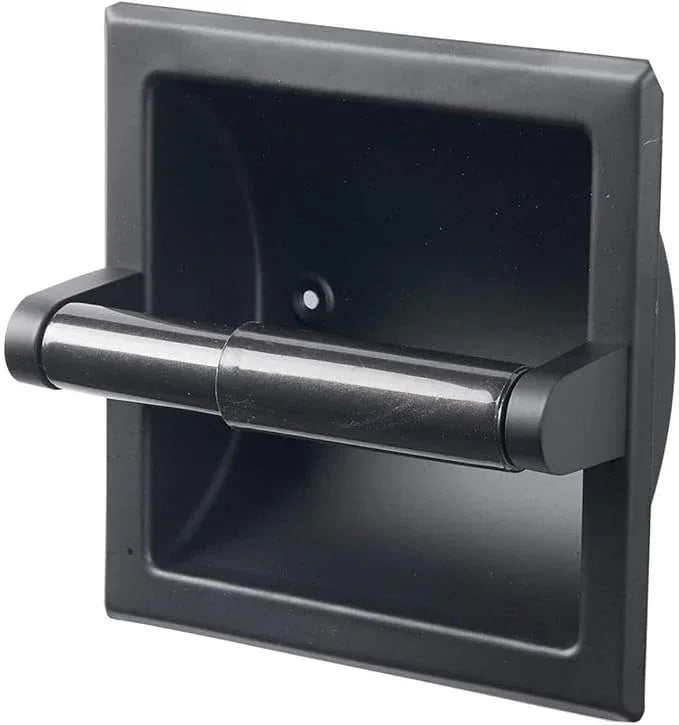 Modern Matte Black Recessed Toilet Paper Towel Holder Set Durable Metal Wall Mount for Space Saving Bathroom Design Stainless Steel Ring Rack for Hand Towels Included - ModernBath