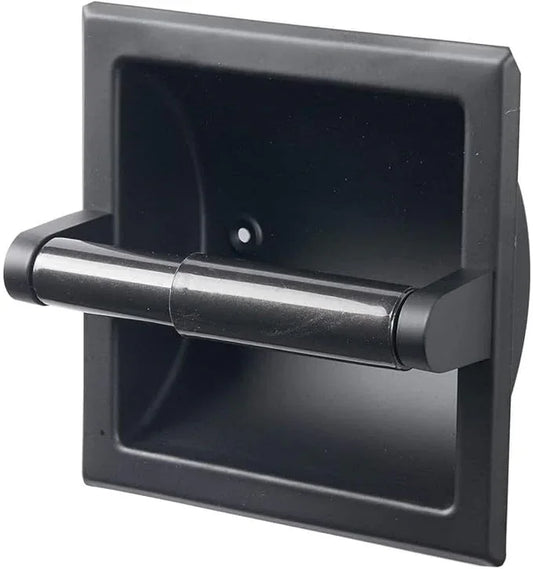Modern Matte Black Recessed Toilet Paper Towel Holder Set Durable Metal Wall Mount for Space Saving Bathroom Design Stainless Steel Ring Rack for Hand Towels Included - ModernBath