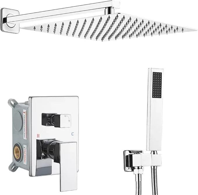 YCAIKOI Shower Faucet Set Complete, Wall Mount Shower System for Bathroom 12 Inch High-Pressure Rainfall Shower with Handheld, Rough-in Valve Body and Trim Kit, Polished Chrome - ModernBath