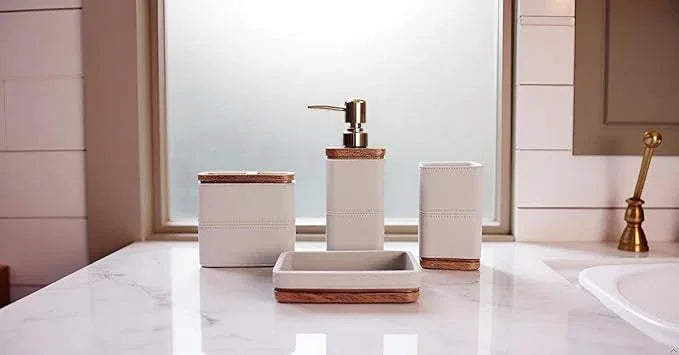 Hymmah Leather Pattern Design Bathroom Accessories Set,Farmhouse Bathroom Decor,4 Pcs Resin Gift Set Apartment Necessities, Contain Cotton Swab Jar,Soap Dispenser,Tumbler，Soap Dish/Tray - ModernBath