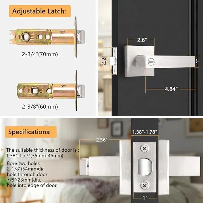 Probrico Square Satin Nickel Bedroom and Bathroom Privacy Door Levers Lockset Keyless Door Locks Handles, Pack of 10 - ModernBath