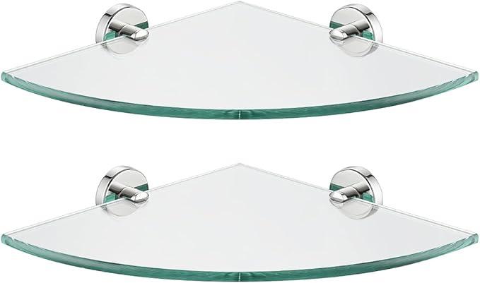 JQK Corner Glass Shelf, Polished Chrome Bathroom 304 Stainless Steel Shower Triangle Floating Wall Shelf, 10 x 10 Tempered Glass, 2 Pack, TGS190L10-CH-P2 - ModernBath