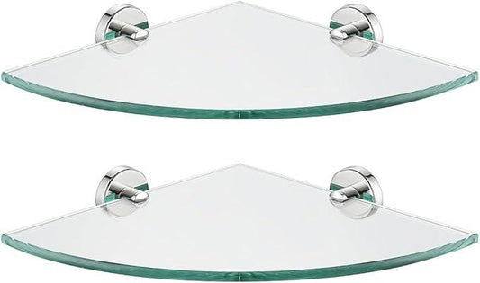 JQK Corner Glass Shelf, Polished Chrome Bathroom 304 Stainless Steel Shower Triangle Floating Wall Shelf, 10 x 10 Tempered Glass, 2 Pack, TGS190L10-CH-P2 - ModernBath