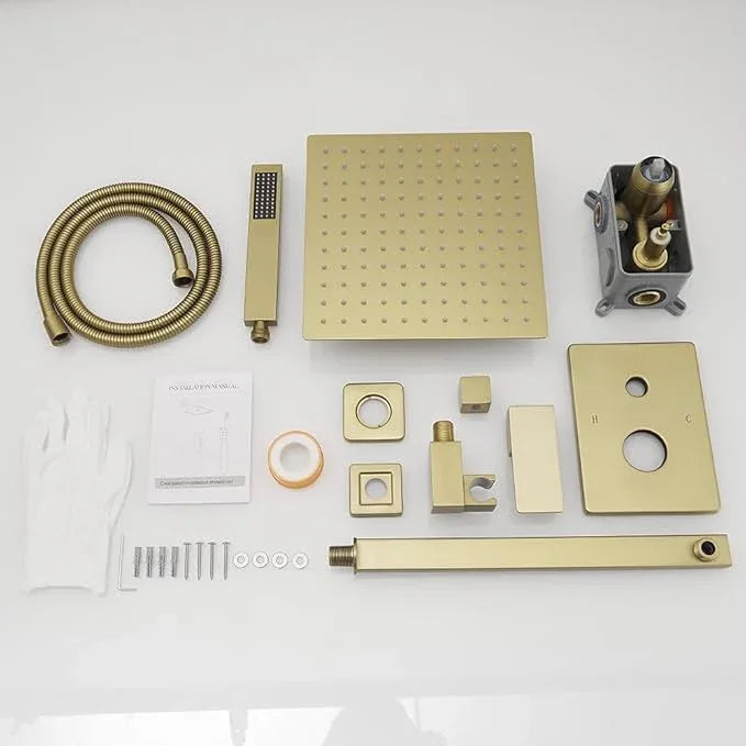 Brushed Gold Shower System YCAIKOI Wall Mount Shower Faucet Set for Bathroom 10 Inch High Pressure Luxury Shower Head with Handheld, Rough-in Valve Body and Trim Included - ModernBath