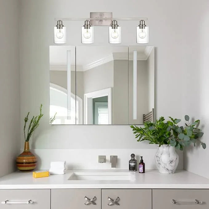 VINLUZ Industrial Brushed Nickel Wall Sconce with Clear Glass Shade and Metal Base,4 Light Bathroom Vanity Lighting Fixture Over Mirror for Dressing Table - ModernBath