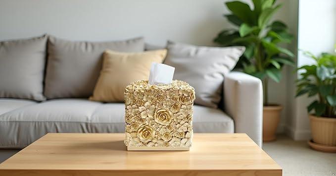 Huitony Square Tissue Box Cover Decorative Kleenex Box Holder for Bathroom & Living Room with Handcrafted Texture (Rose Gold) - ModernBath