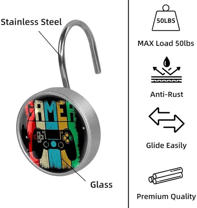 12 Pcs Decorative Shower Curtain Hooks, Rust Proof Glass Surface Stainless Steel Rings for Bathroom Bedroom Kitchen Home Bath Room Rods Decor (Rainbow Gamer) - ModernBath