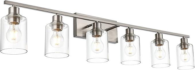 VINLUZ 6 Light Bathroom Lighting Fixture in Brushed Nickel Finish,Classic Metal Wall Mounted Lamp Over Mirror with Clear Glass Shade Industrial Vanity Light - ModernBath