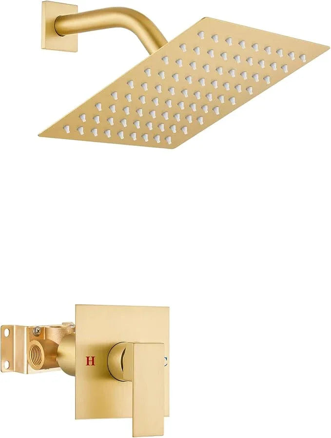 Airuida Shower Faucet Set Bathroom Rain Shower System 8 Inch Square Showerhead Single Function 1 Handle Trim Kit with Female Thread Rough-in Valve Cover Plate with H and C Labels Brushed Gold - ModernBath