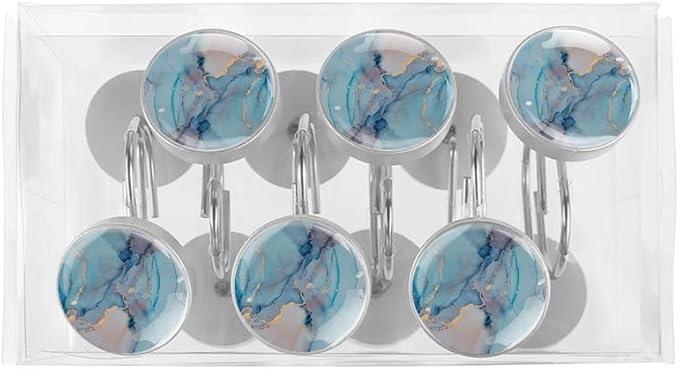 12 Pcs Decorative Shower Curtain Hooks, Rust Proof Glass Surface Stainless Steel Rings for Bathroom Bedroom Kitchen Home Bath Room Rods Decor (Blue Purple Gold Marble) - ModernBath