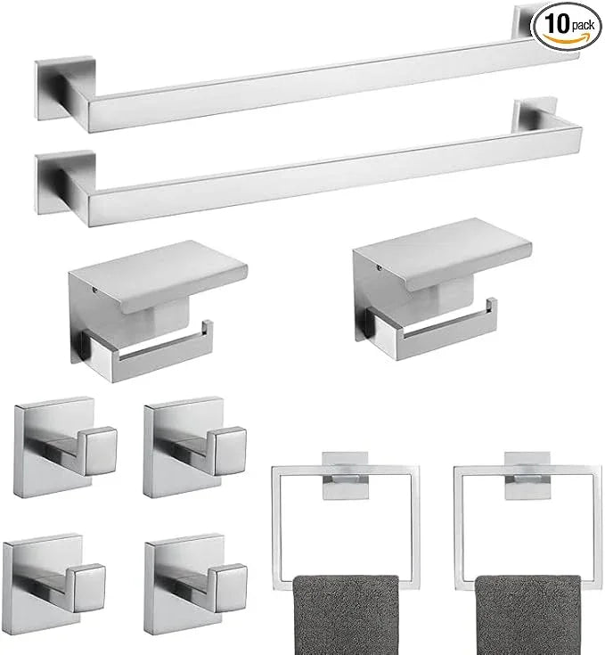 10-Piece Bathroom Hardware Kit - Brushed Finish SUS304 Stainless Steel Set, Featuring 2 x 23.6 Towel Bars, 2 Towel Rings, 2 Toilet Paper Holders & 4 Towel Hooks (Brushed Stainless) (Brushed Finish) - ModernBath