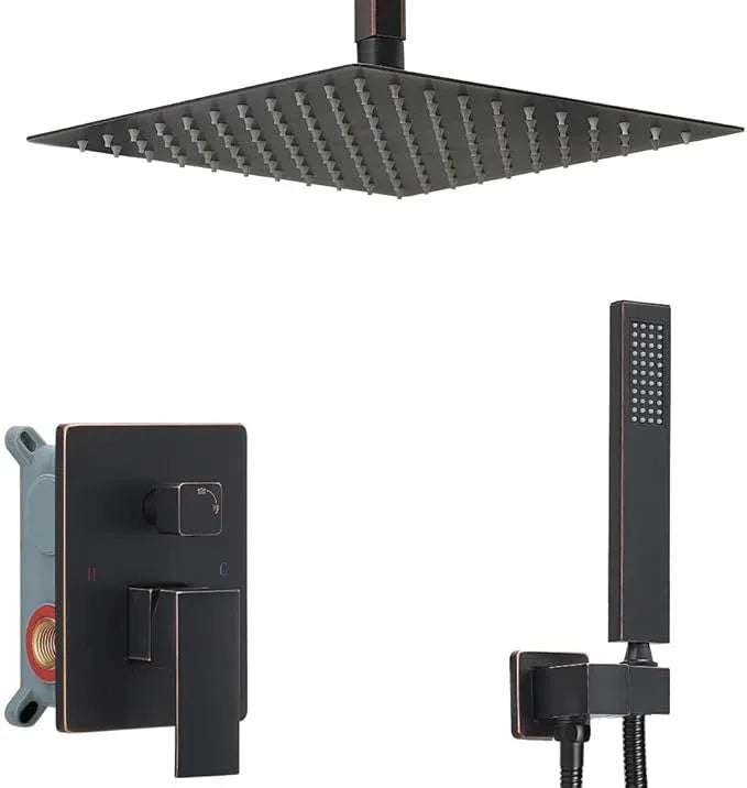 Heable Oil Rubbed Bronze 10 Inch Rain Shower Head Ceiling Mount with Handheld, 59 Inch Hose, Mixer Valve, Bracket Holder, Rain Setting, 1 Handle, Brass, Stainless Steel, Shower Kit - ModernBath