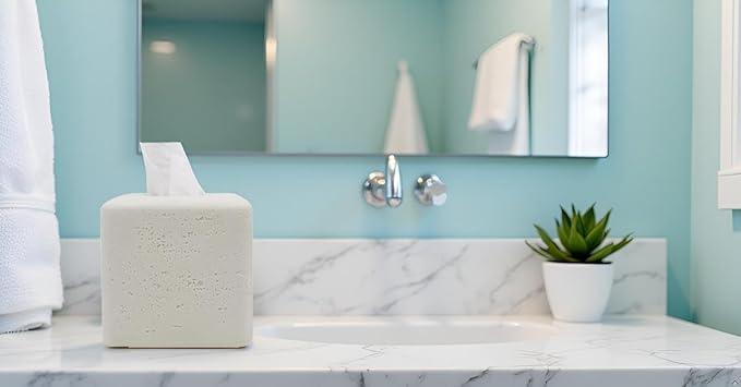 Huitony Travertine Tissue Box Cover Square Decorative Stone Klenex Box Holder for Bathroom & Living Room with Handcrafted Texture (Light White) - ModernBath