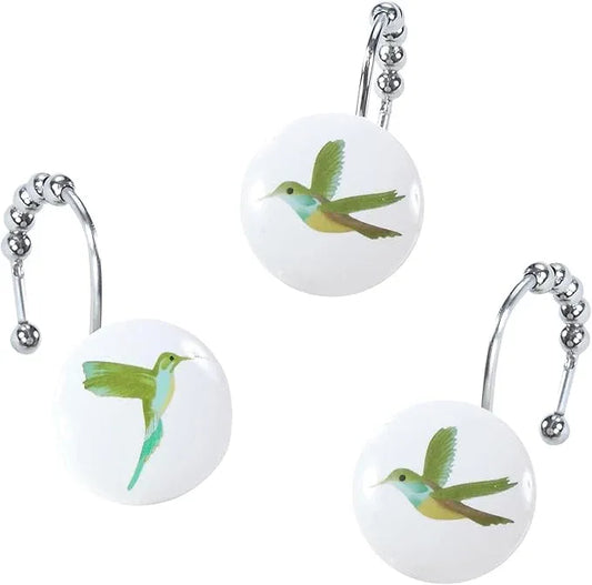 Flying Birds Shower Curtain Hooks, Rustproof Nature-Inspired Decorative Shower Hooks for Shower Curtain, 5-Roller Ring Balls Design Bathroom Shower Curtain Hooks, Set of 12 - ModernBath