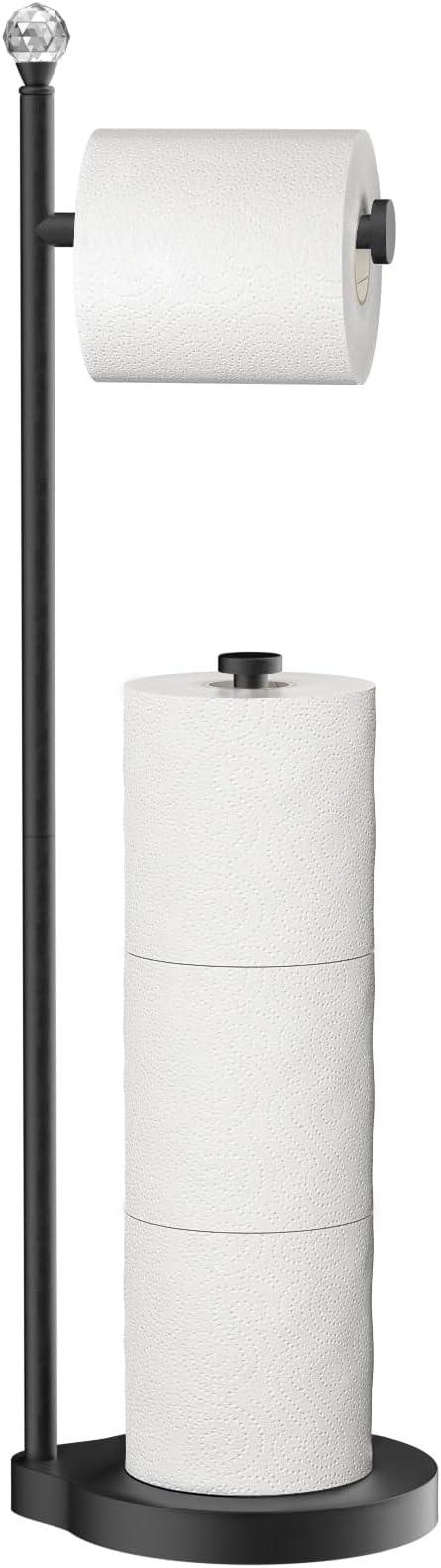 Toilet Paper Holder for Bathroom, Heavy Weighted Metal Free Standing Toilet Paper Storage with Crystal Ball, Toilet Paper Stand for Bathroom Accessories, Matte Black [Holds MEGA Rolls] - ModernBath