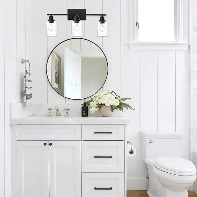 VINLUZ Matte Black Vanity Light for Bathroom 3 Light Farmhouse Indoor Bathroom Lighting Fixtures Over Mirror with Clear Glass Shade for Dressing Table - ModernBath