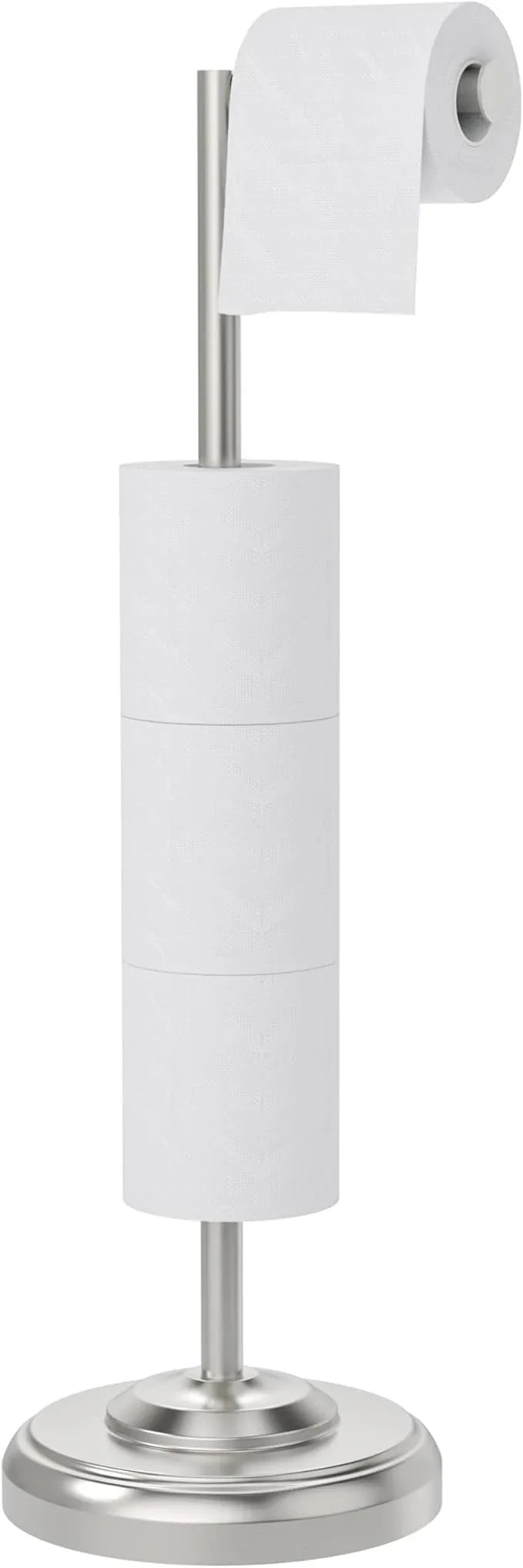 Toilet Paper Holder Stand with Storage – 4 Extra Rolls –Brushed Nickel Toilet Paper Holder for Bathroom – Sturdy Base, Classic Retro Style, Space-Saving Bathroom Storage Organizer, Sliver - ModernBath