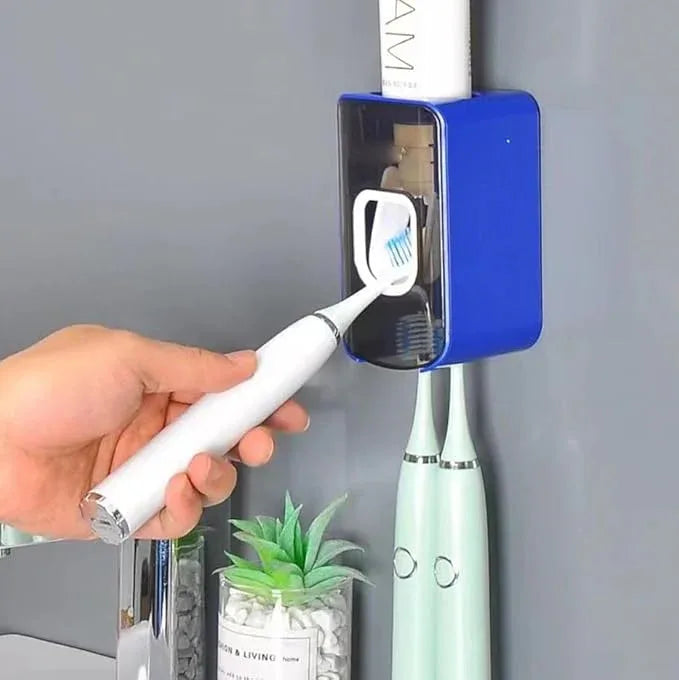 2 Slot Toothbrush Holder and Toothpaste Dispenser Wall Mounted, Automatic Toothpaste Squeezer, 2 in 1 Tooth Brush Toothpaste Organizer for Shower (Dark Blue) - ModernBath