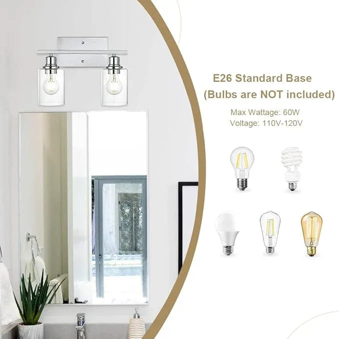 VINLUZ Bathroom Light Fixtures in Chrome Finish,2 Light Industrial Indoor Wall Sconce with Clear Glass Shade Metal Vanity Lighting Over Mirror Bulb Not Included - ModernBath