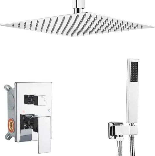 Heable Polished Chrome Shower System Bathroom 16 Inch Rain Shower Head Ceiling Mount with Handheld Luxury High Pressure Shower Combo Set Shower Faucet Rough-in Valve Body and Trim Kit - ModernBath