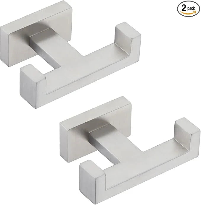 APLusee Double Bath Towel Hook 2 Pack, 304 Stainless Steel Square Dual Coat Holder, Modern Bathroom Kitchen Storage Hanger Wall Mounted, Brushed Nickel - ModernBath