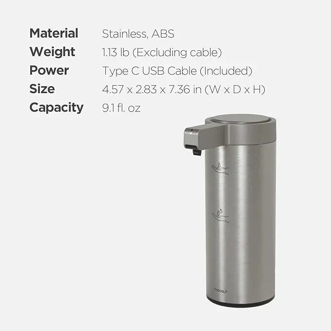 mooas Automatic Liquid Soap Dispenser Stainless Steel Touchless Hands Free Soap Dispenser 2 Levels Adjustable Waterproof Motion Sensor Electric Dish Soap Dispenser for Kitchen Bathroom (Rechargeable) - ModernBath