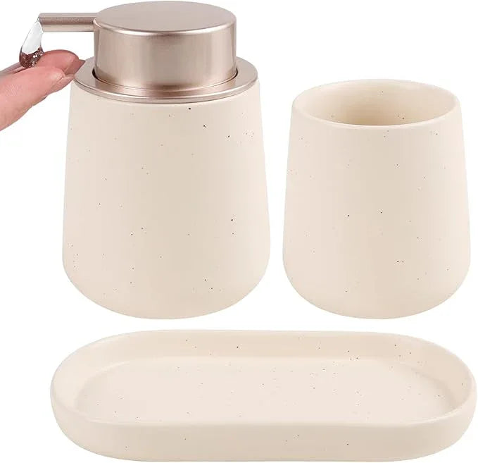 BosilunLife Bathroom Accessory Set - 3 pcs Ceramic Bathroom Soap Dispenser Set Farmhouse Bathroom Counter Decor Set Accessories, Soap Dispenser and Toothbrush Holder with Tray - ModernBath