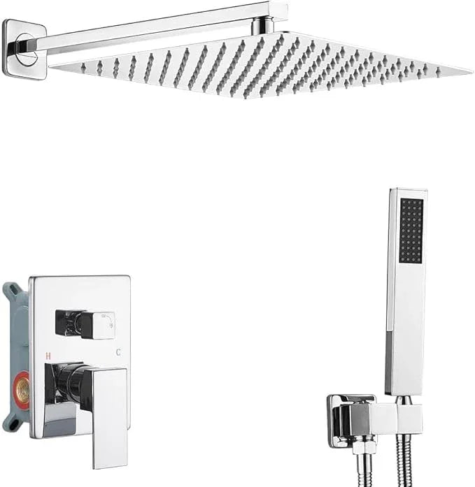 Heable Polished Chrome Shower System 12 Inches Bathroom Luxury Rain Shower Head with Handheld Combo Set Wall Mounted High Pressure Rainfall Shower Head System Shower Faucet with Valve and Trim Kit - ModernBath