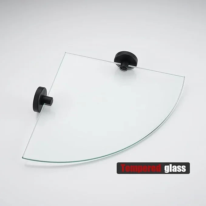 JQK Corner Glass Shelf Black, Bathroom 304 Stainless Steel Shower Triangle Floating Wall Shelf, 10 x 10 Tempered Glass, 2 Pack, TGS190L10-PB-P2 - ModernBath