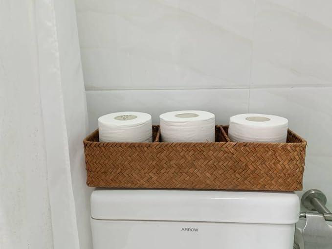 Seagrass Tank Basket for Toilet Paper 3 Sections Woven Storage Basket with Large Compartment Natural (16.5inch x 5.5inch x 3.5inch) - ModernBath